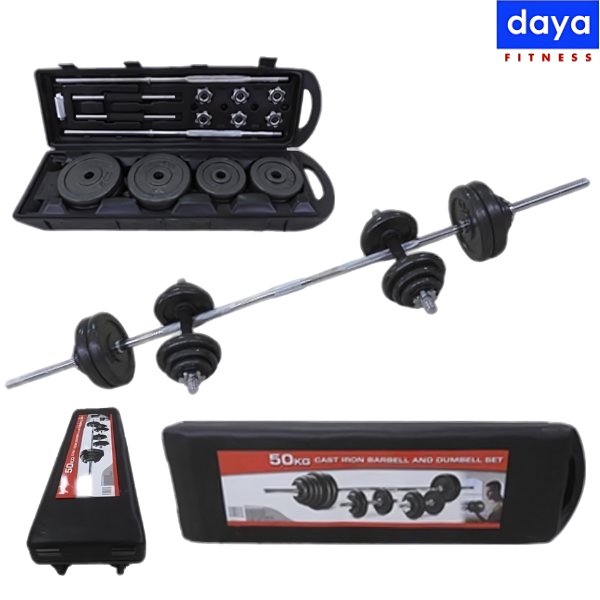 DAYA Fitness 50Kg Dumbbell & Barbell Combination Set With Case - Cast Iron