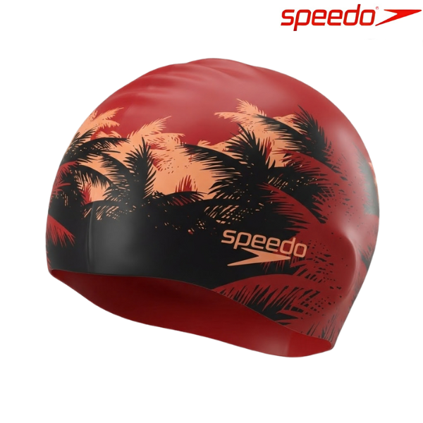 Speedo Swim Cap Senior Long Hair Printed : 8-11306C843 - Black/Red