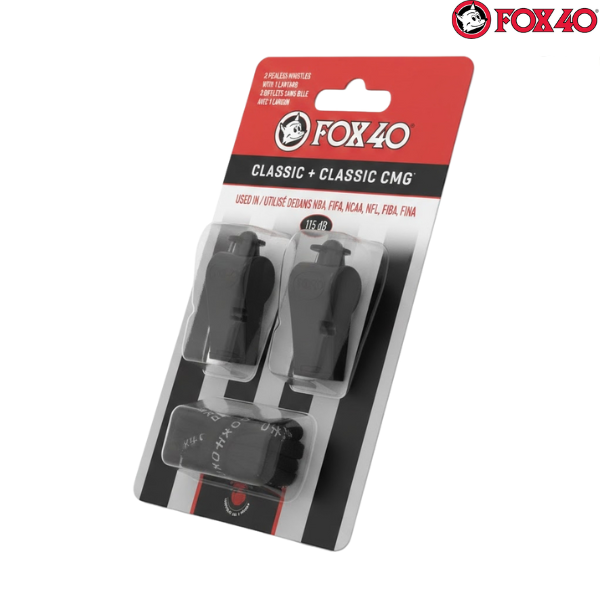 Fox 40 Whistles + Lanyard Classic : 9604-0008 - Black - Pack of 2Pcs