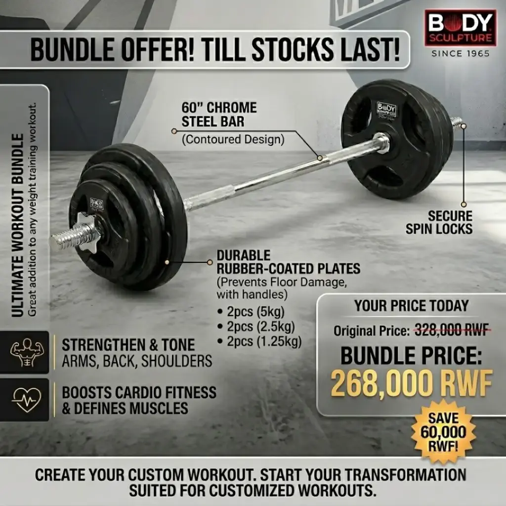 Body Sculpture Steel Bar Chrome Threaded 60" + Plates Rubber Coating (5kg), (2.5kg), (1.25kg)