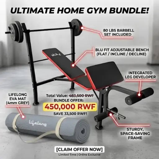 [16609] Blu Fit Bench Weight Lifting With 80Lbs Barbell Set + Lifelong Yoga Mat 