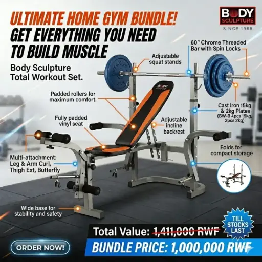 [16623] Body Sculpture Bench Weight Lifting Foldable + Steel Bar 60" + Plates Cast Iron (15kg), (2kg)